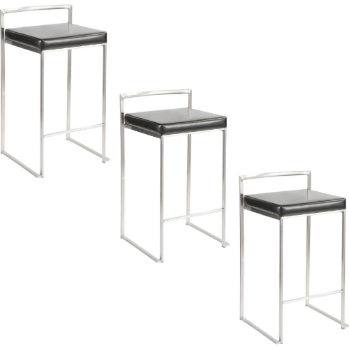 Fuji 26" Stackable Counter Stool in Brushed Stainless Steel & Black Leatherette (Set of 3)